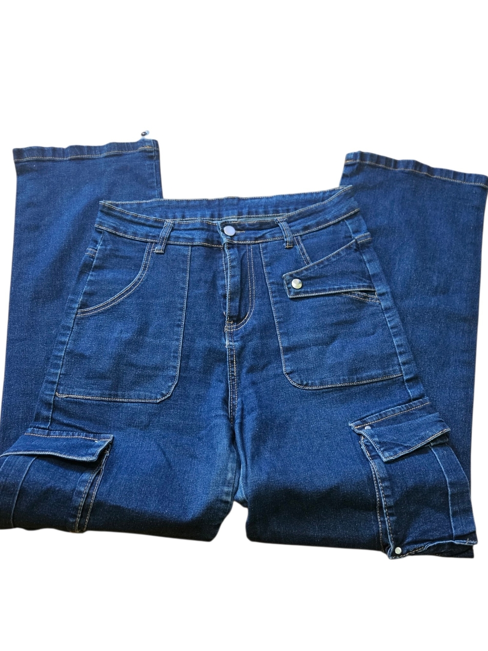 Y2K Wide Leg Denim Cargo Jeans Blue Utility Multi-Pocket Mid High Rise Size M/L - Picture 6 of 7
